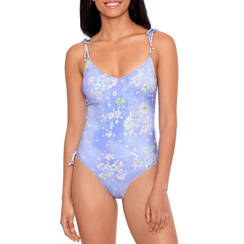 New Blue w Pink & Green Floral Print One-Piece Swimsuit with Adjustable Straps S
